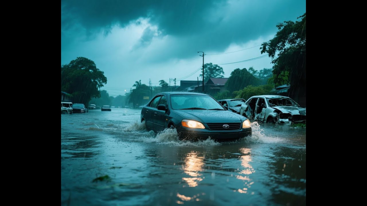 Driving through flood water at Java Tangerang - YouTube