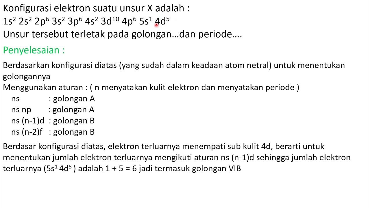 Konfigurasi elektron suatu unsur X adalah 1s2 2s2 2p6 3s2 3p6 4s2 3d10 4p6 5s1 4d5. Unsur