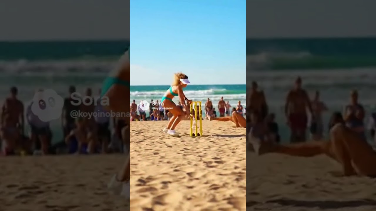 Bikini beauties practicing cricket on the beach!