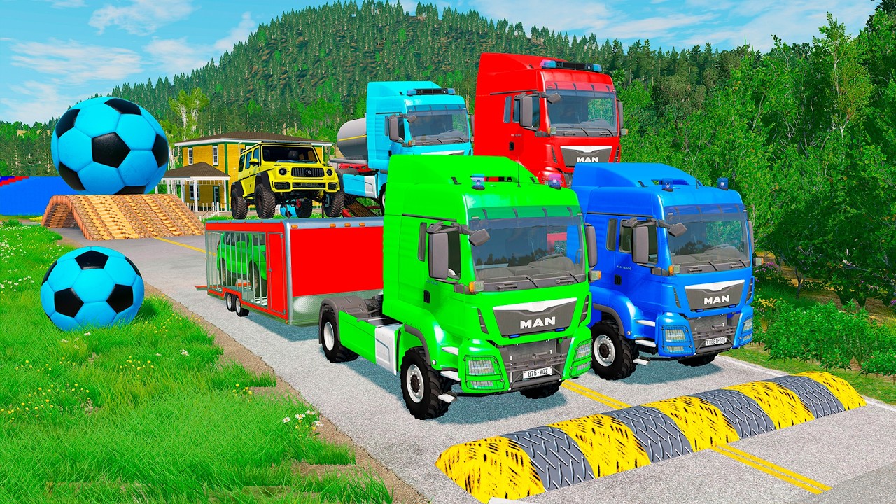 Triple Flatbed Trailer McQueen Transportation with Truck - Speedbumps vs Cars vs Train - BeamNG 0130