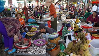 Cambodian Food Market Scene - Fresh Palm Fruit, Chickens, Pork & More Fresh Vegetable In Market