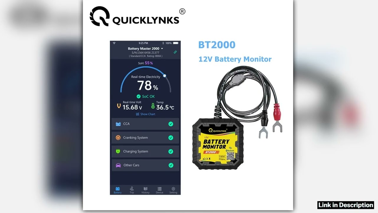 QUICKLYNKS BT2000 Bluetooth 40 12V Battery Monitor Car Battery CrankingCharging CCA Battery Tester