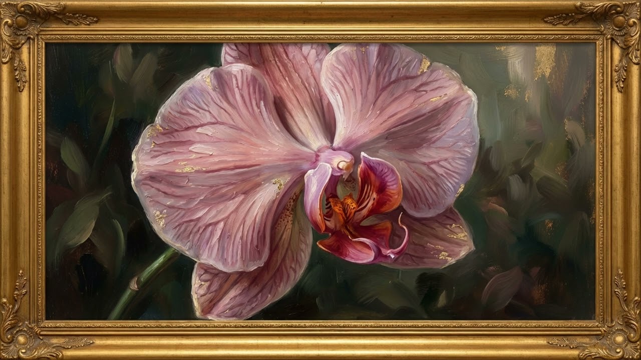 Pink Orchid Classical Oil Painting 4K TV Art Frame | Dark Moody Floral Screensaver