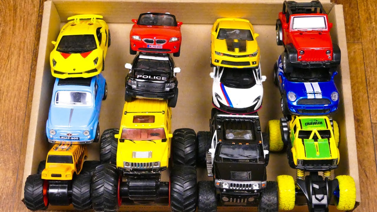 Cool Box Full of Cars and Monster Trucks, Hummer Truck, School Bus