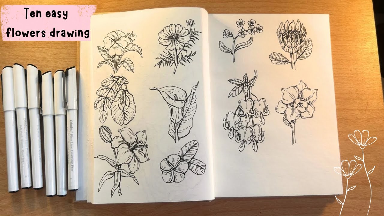 Learn to draw 10 easy realistic flowers: Draw with me / Beginner friendly tutorial
