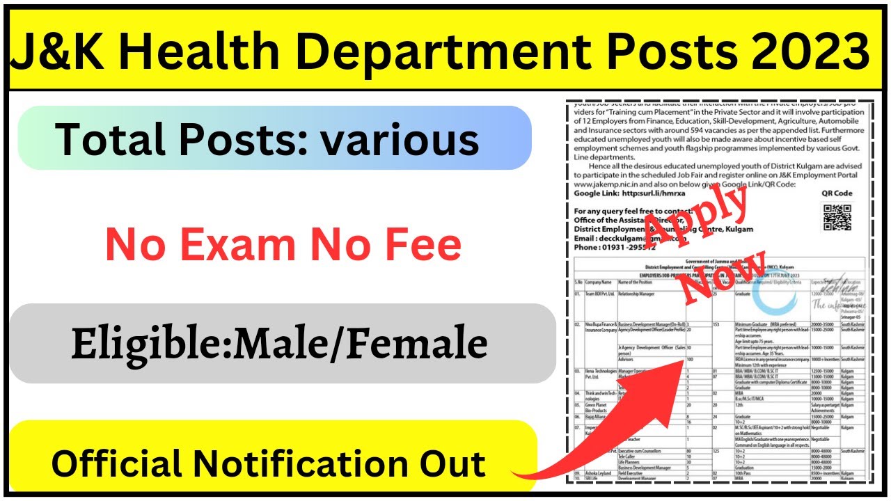 J&K Health Department Recuriment 2023 J&K New Govt Jobs No Exam No