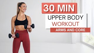 30 min UPPER BODY WORKOUT | Arms, Abs, Chest + Back | 2 Sets of Dumbbells + Bench | Warm Up Included