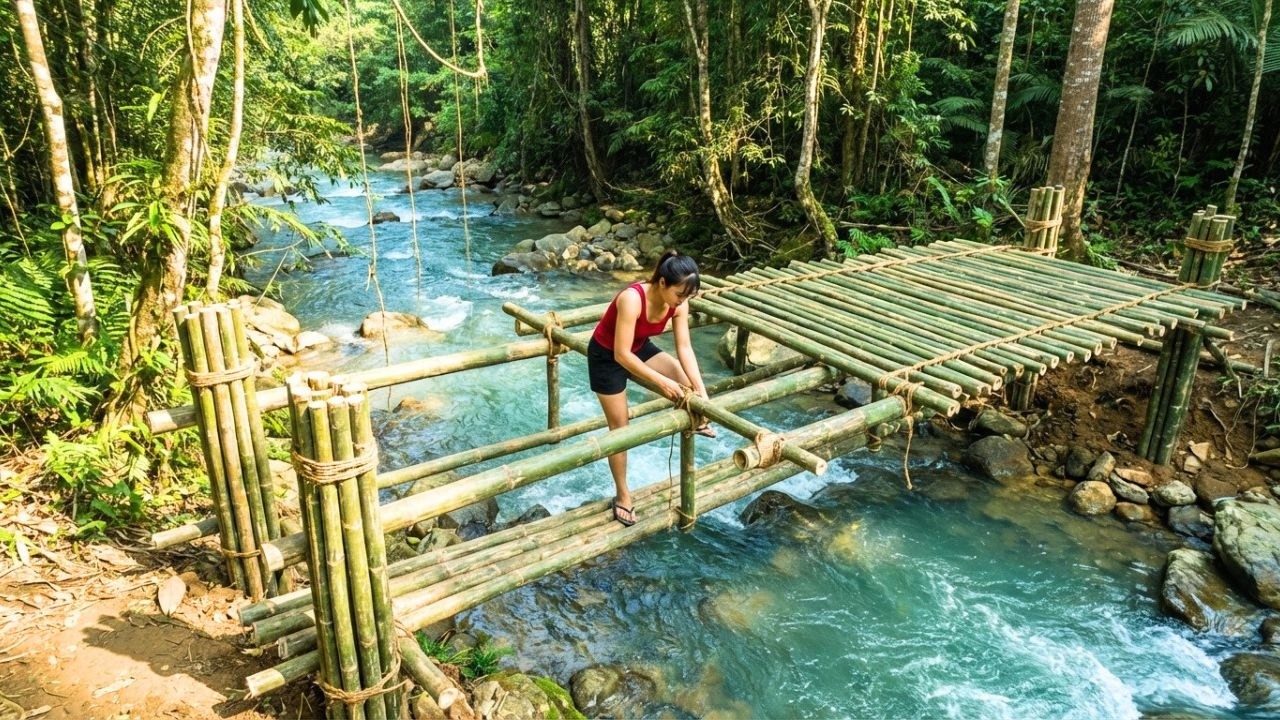 Talented Young Woman Successfully Builds Bamboo Bridge Across Fast-Flowing Stream