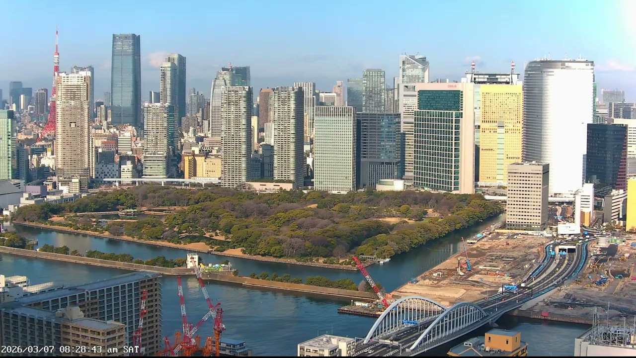 東京ライブカメラ 4K | 港区・築地 | 夕焼けと都心の景色 | 2026-03-07