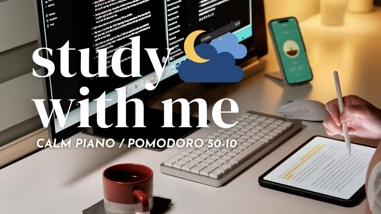 🌙 2-HOUR STUDY WITH ME AT NIGHT | 🎹 Calm Piano | Pomodoro 50/10 - YouTube