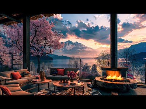 Soothing Jazz Piano Music with Fireplace Sounds for Sleep & Relax | Cozy Spring Forest Room Ambience