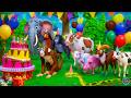 Monkeys magical jungle birt.ay bash  animals enjoying the cake party  cow elephant pig cartoons