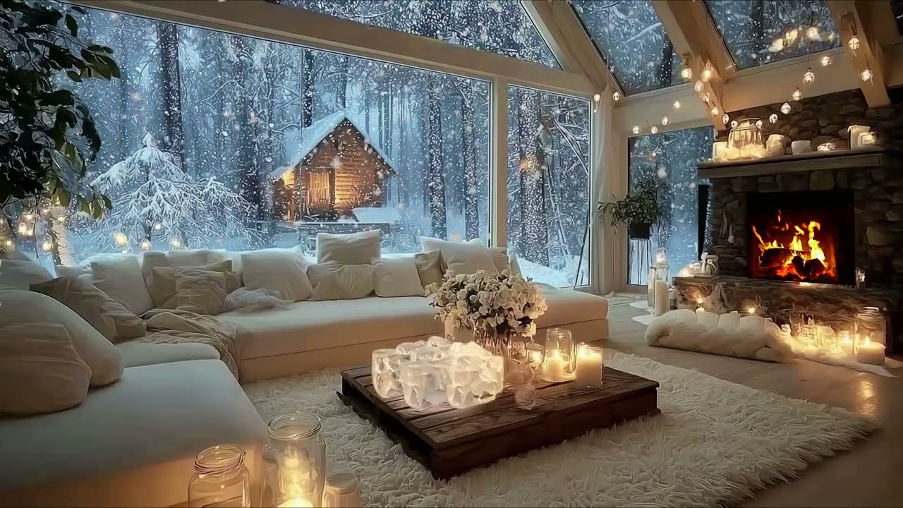 Quiet Romantic Winter Piano Lounge| Snow Outside & Candlelight Fire Inside| Focus · Study · Sleep