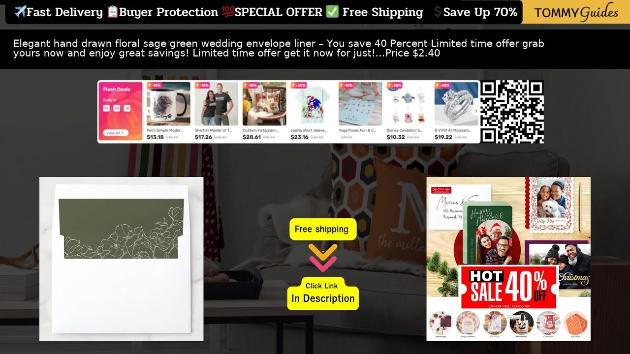 Elegant Hand Drawn Floral Sage Green Wedding Envelope Liner 