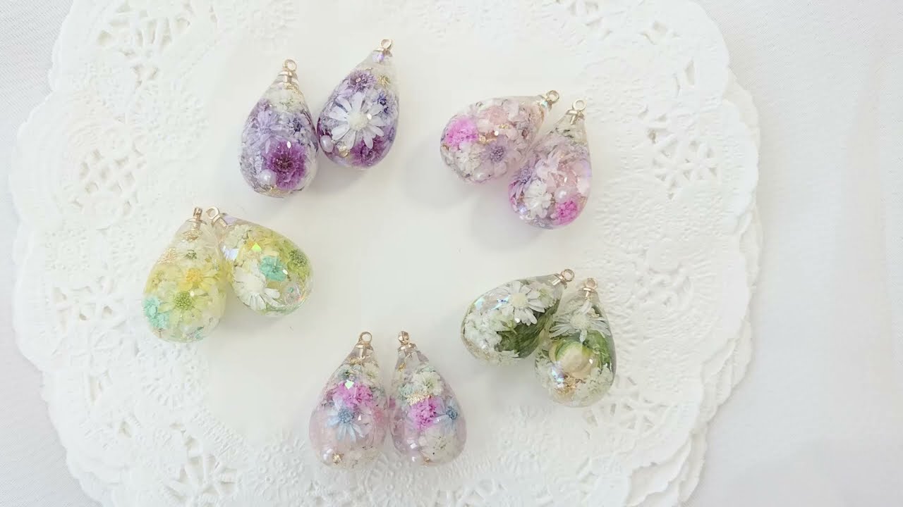 お花たっぷり春色雫レジン×16kgpKOREAコネクター♡ピアス　2080 UVレジン】お花たっぷり とっても華やか！大きめしずく形パーツの
