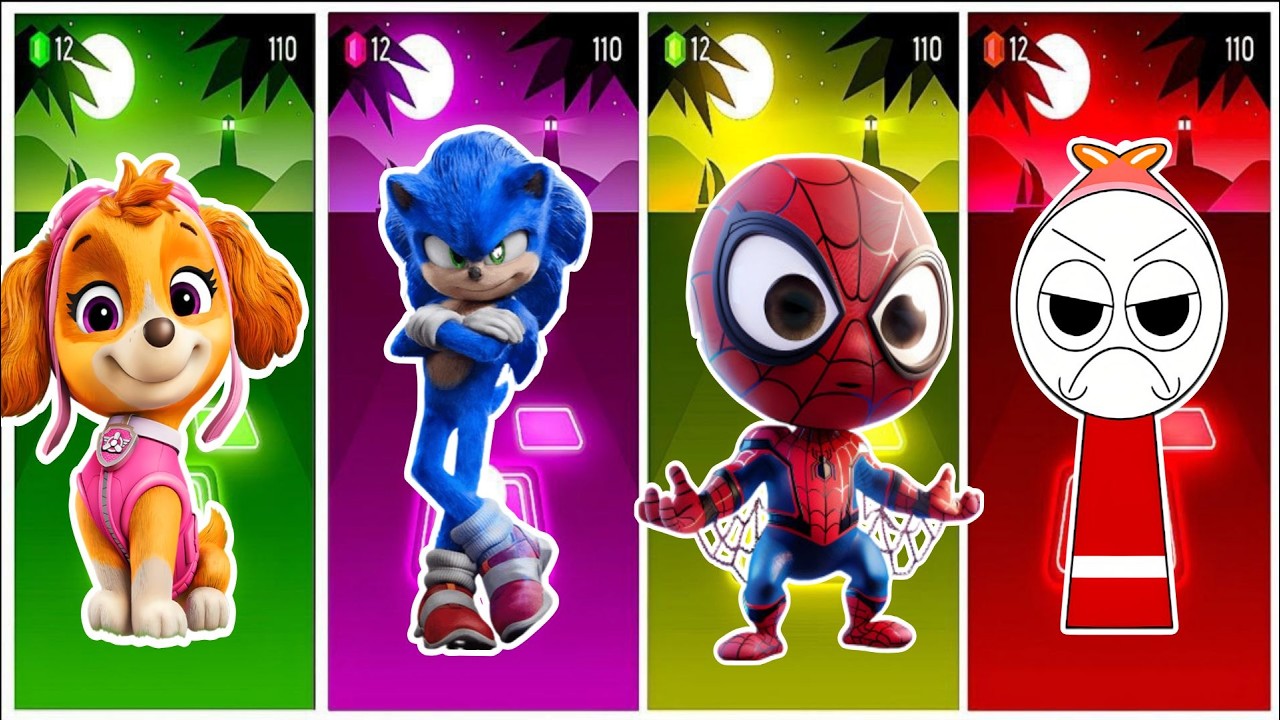 Spidey 🆚 Spurunki 🆚 Sonic 🆚 Paw Patrol in Tiles Hop EDM Rush🎶#67