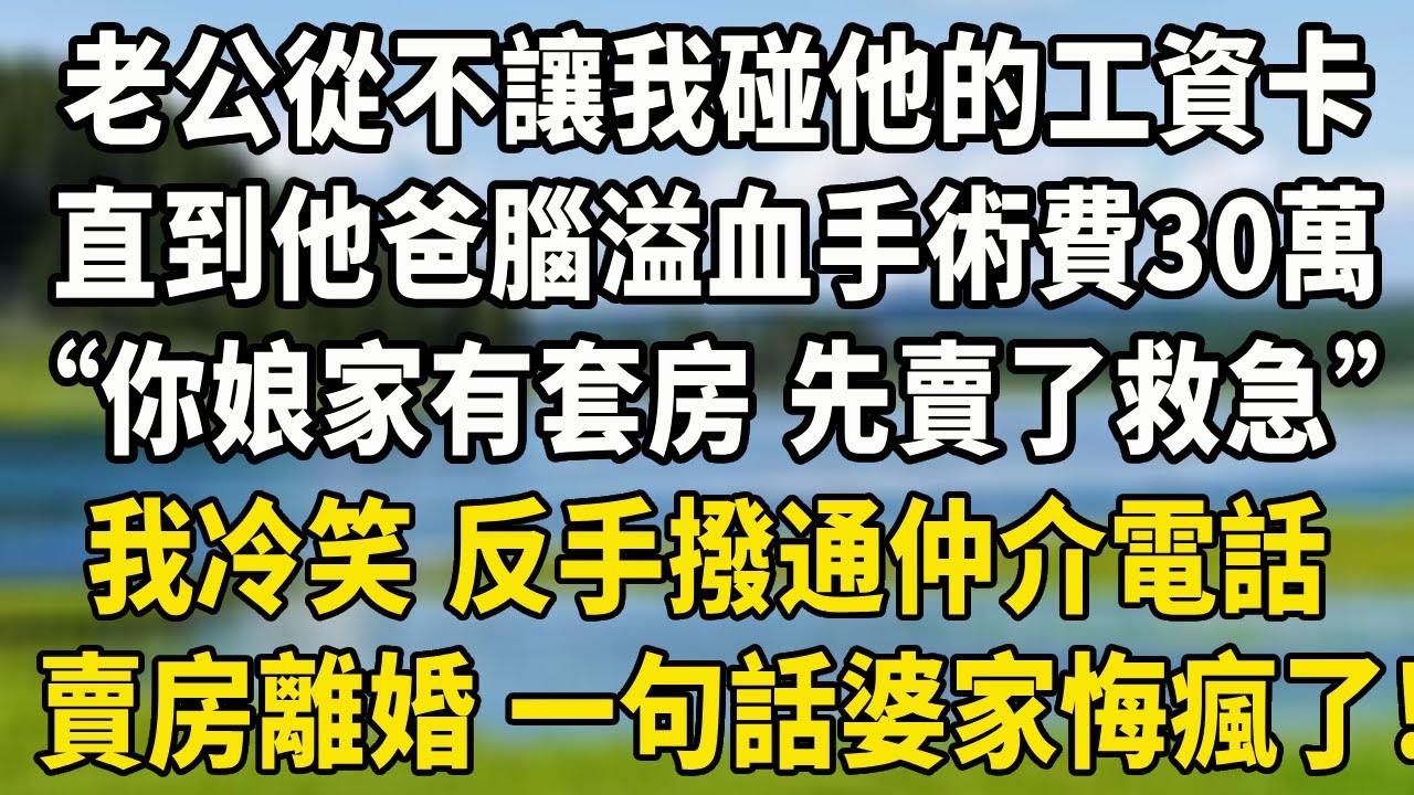 老公從不讓我碰他的工資卡,直到他爸腦溢血手術費30萬,“你娘家有套房 先賣了救急”,我冷笑 反手撥通仲介電話,賣房離婚 一句話婆家悔瘋了!#故事頻道 #養老生活