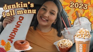 trying DUNKIN'S NEW FALL MENU 2023 - pumpkin spice latte, nutty pumpkin coffee, pumpkin donut + more
