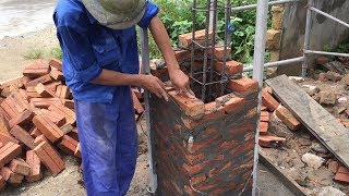 How To Construction Brick Column Exactly With Brick And Mortar - Building Step By Step Easily