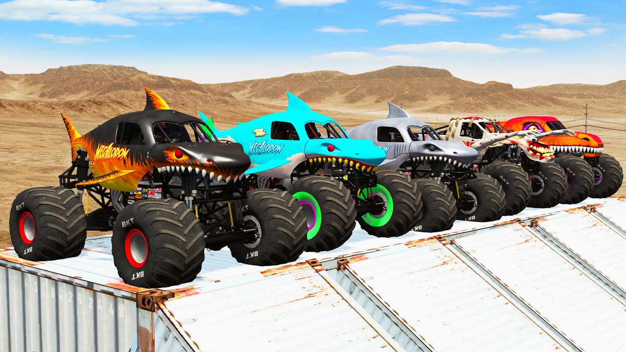 Big Monster Trucks Transport Triple Flatbed with Color Slide