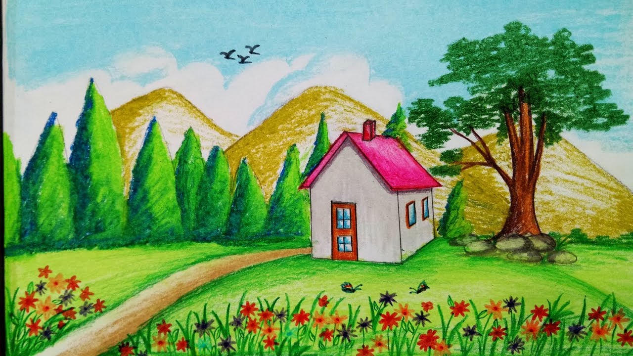 How to draw Spring season scenery with oil pastel.Step by step(easy ...