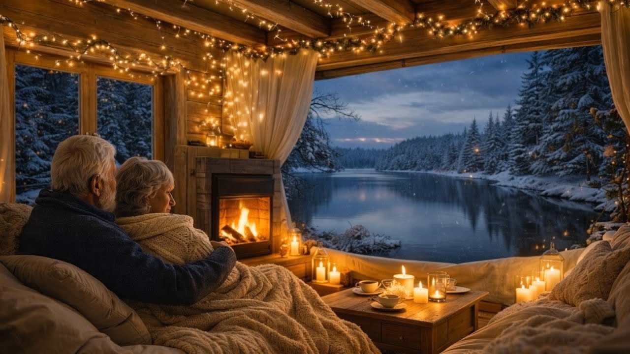 Relaxing Fireplace Sounds 1 Hour  ❄️Snowy Lake View Cabin  Winter Relaxation