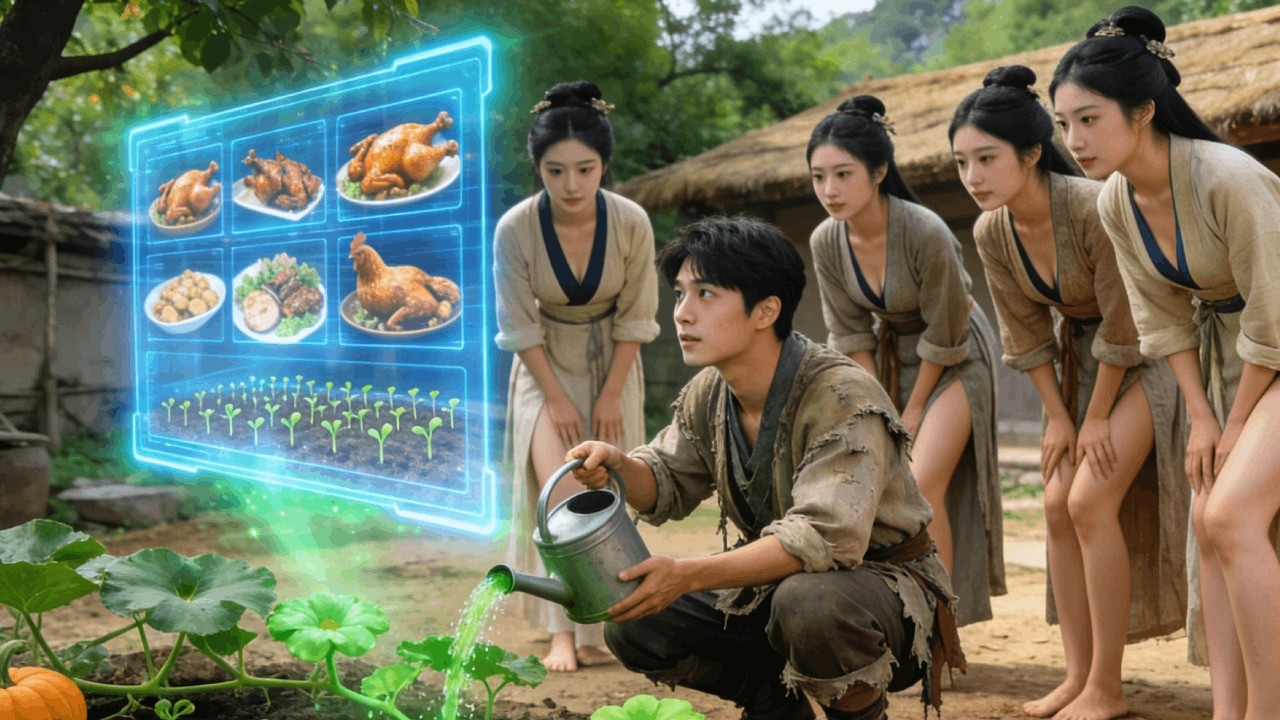 A poor boy time-travels to famine times, gains a magic jar—five beauties serve him for food.