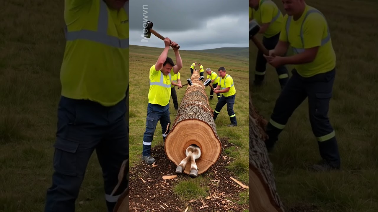 rescue cow from giant log 