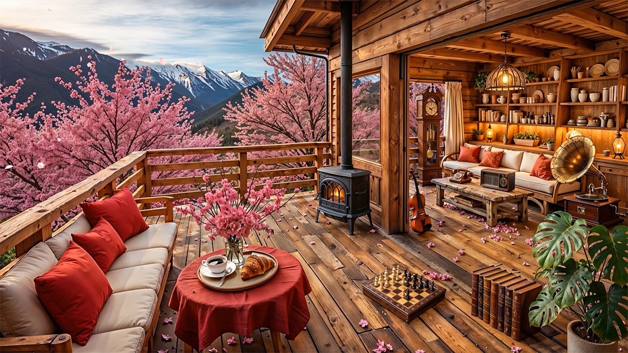 Soft Spring Jazz Piano Music & Porch Cabin Ambience 🌸 Calm Jazz Piano ...