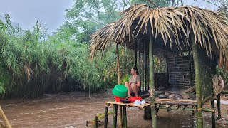 Go get bamboo to make stairs, Heavy rain flooded almost to the house.