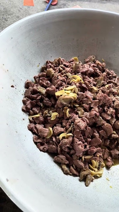 Two people are stirring the the preparing sautee meat while cooking