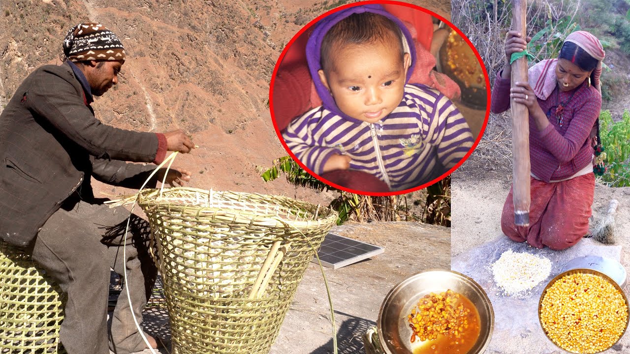 dharme weaving bamboo basket to sell and cooking snack for family @ruralnepall