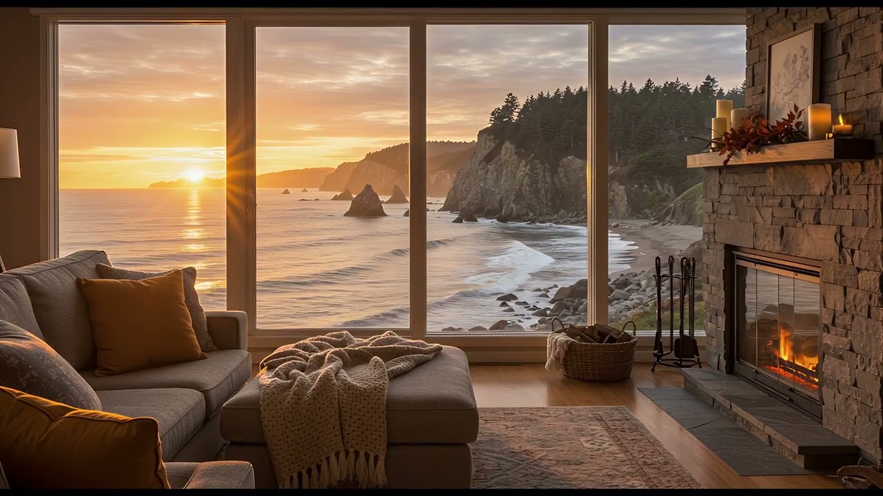 Beachfront Home in Fall 🍂  | Crackling Fireplace and Sunset Waves for Relaxation and Sleep