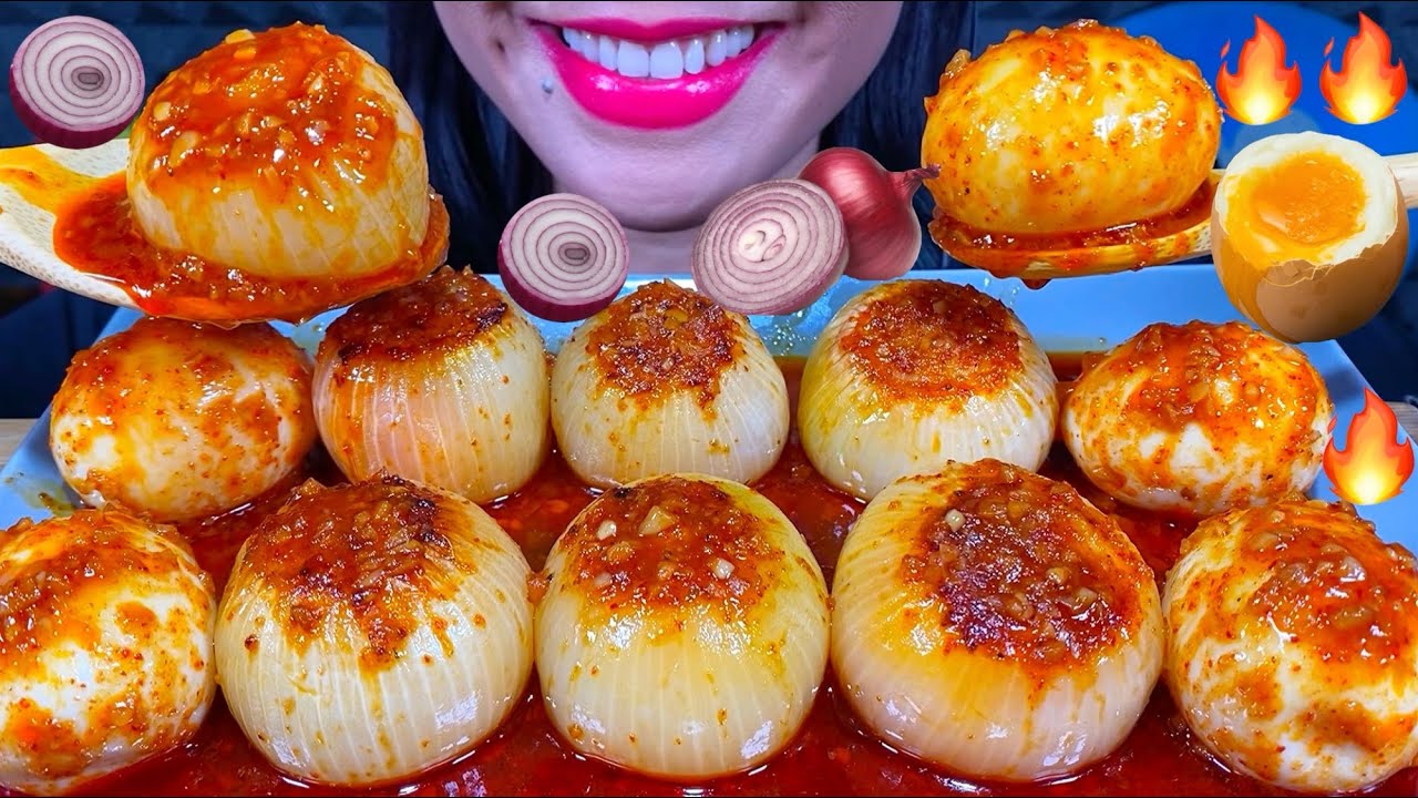 SPICY & BUTTERY ONION BOIL + BOILED EGGS TikTok Viral ASMR MUKBANG MASSIVE Eating Sounds