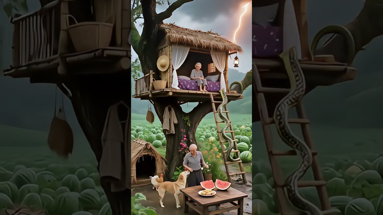 🌩️ Village Life in a Treehouse | Old Couple, Dog & Nature ❤️ | Simple Living 🍉🐓 