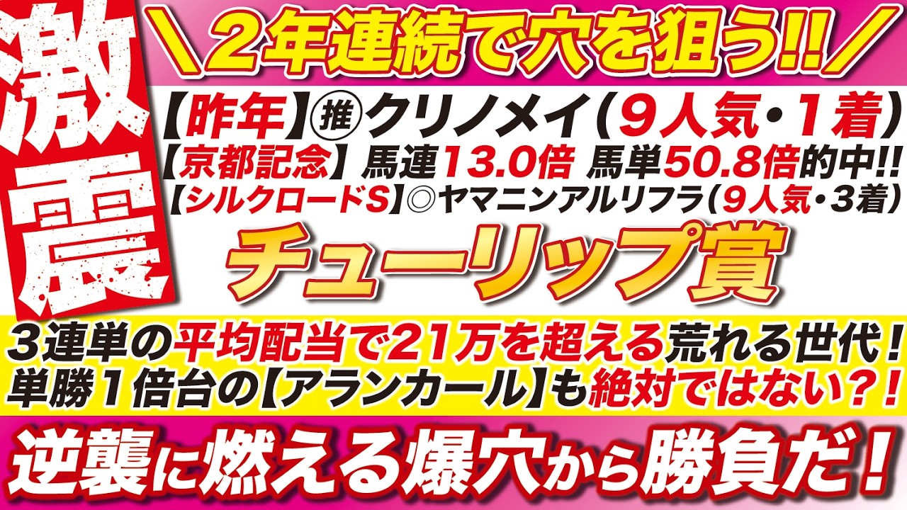 🎯昨年に続け→【チューリップ賞2026予想】３連単の平均で21万を超える荒れる世代！アランカールも絶対ではない？逆襲に燃える爆穴から勝負だ！