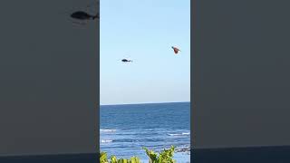 A helicopter flies low over Melasti Beach in Bali.