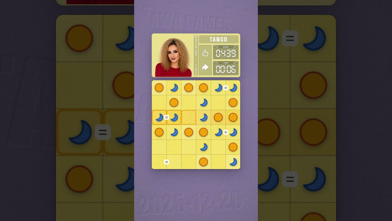 LinkedIn Tango #439 solved board for December 20, 2025, 6x6 grid