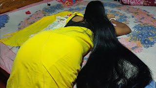 Silky And Soft Long Hair Bun Open And Long Hair Play | Slipped Time Thick Long Hair Play For Husband