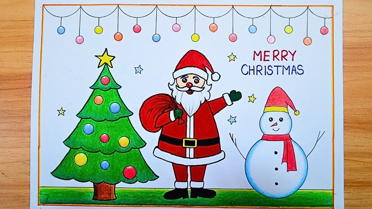 Merry Christmas drawing easy | Santa Claus drawing | Christmas Tree drawing | Merry Christmas poster