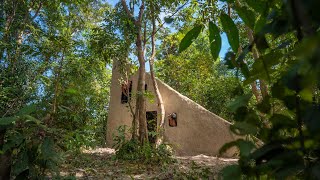 Building complete and warm survival shelter, Bushcraft earth hut House