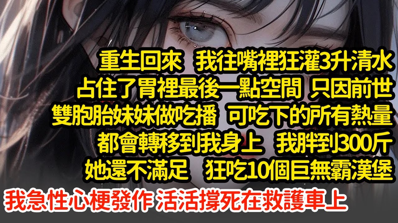 重生回來  我往嘴裡狂灌3升清水，只因前世雙胞胎妹妹做吃播 吃下的所有熱量都會轉移到我身上  我胖到300斤她還不滿足  狂吃10個巨無霸漢堡，我活活撐死在救護車上