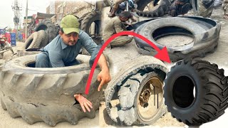 Amazing Technique to Retreading of Old Tractor Big Tire in Beautiful Way / Replace a Tractor Tire
