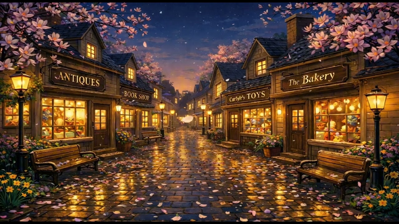 Spring Evening in a Cozy Vintage Town 🌸✨ Warm Shop Lights & Peaceful Night Ambience