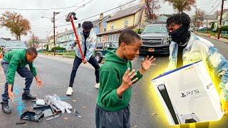 Destroying Kids PS4 in the hood \& Surprising With A PS5 !!! (HILARIOUS)