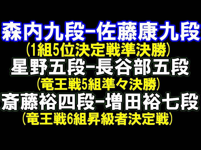 森内九段ー佐藤康九段(竜王戦1組5位決定戦準決) 星野五段ー長谷部五段(5組準々決勝)、斎藤裕四段ー増田裕七段 評価値放送