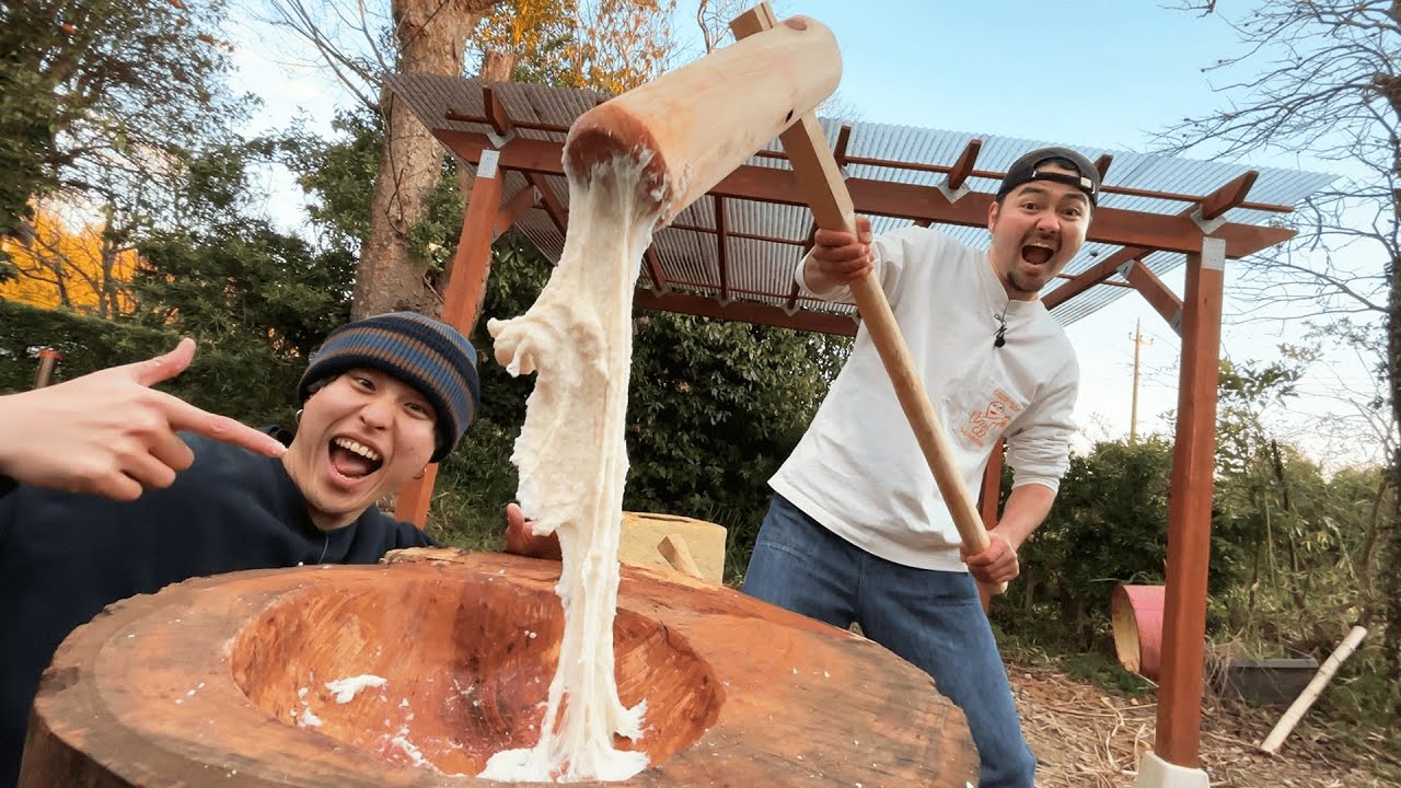 臼　餅つき　巨大 リベンジ】手作りした300kgの臼と巨大杵で本格餅つき大会やったら今年