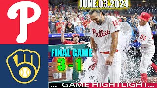 Phillies vs. Brewers June 03, 2024 [FULL GAME] Highlights | MLB Season 2024