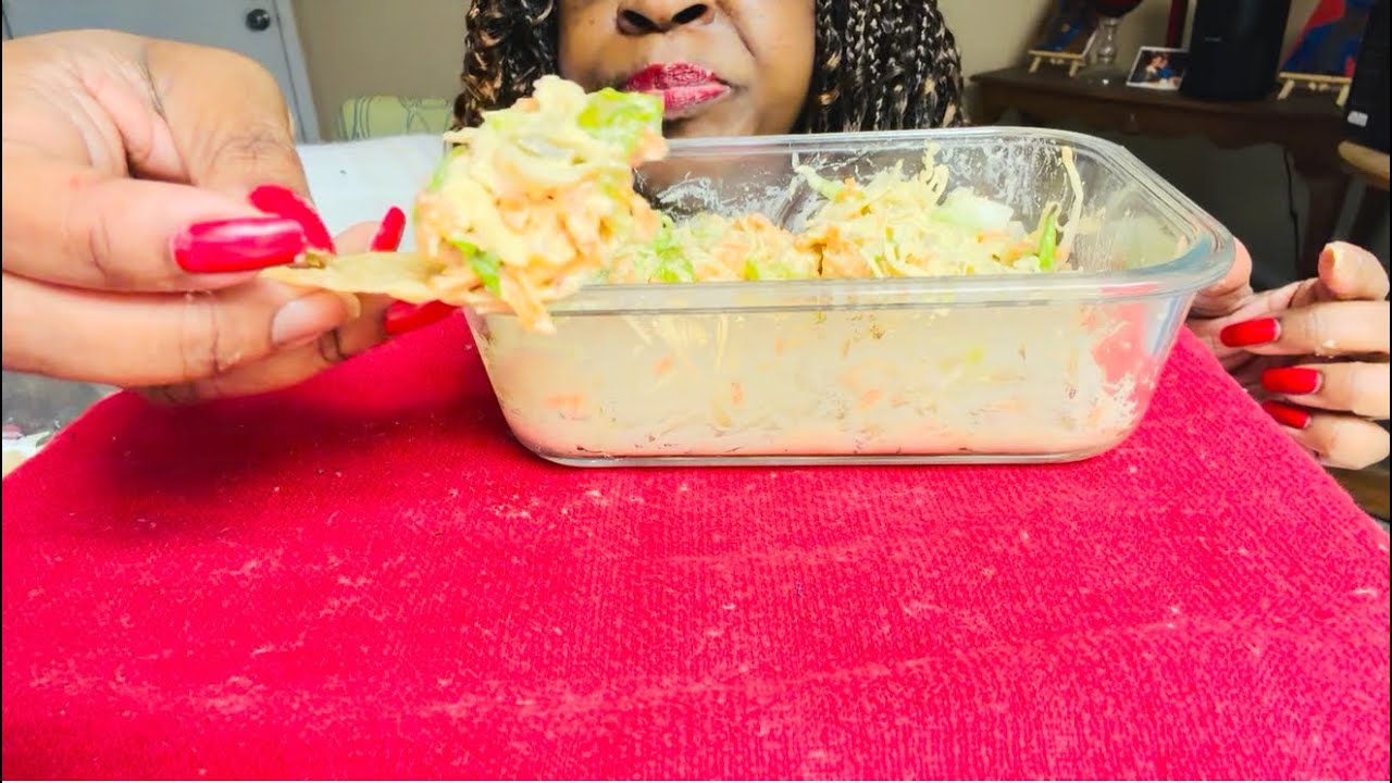 ASMR Shrimp Coleslaw With Hummus & Nachos | #mukbang #shrimp #coleslaw #crunchy #nachos