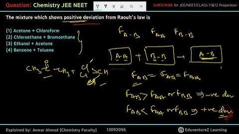 The mixture which shows positive deviationfrom Raoult’s law is(1) Acetone + Chloroform(2) Chloroetha